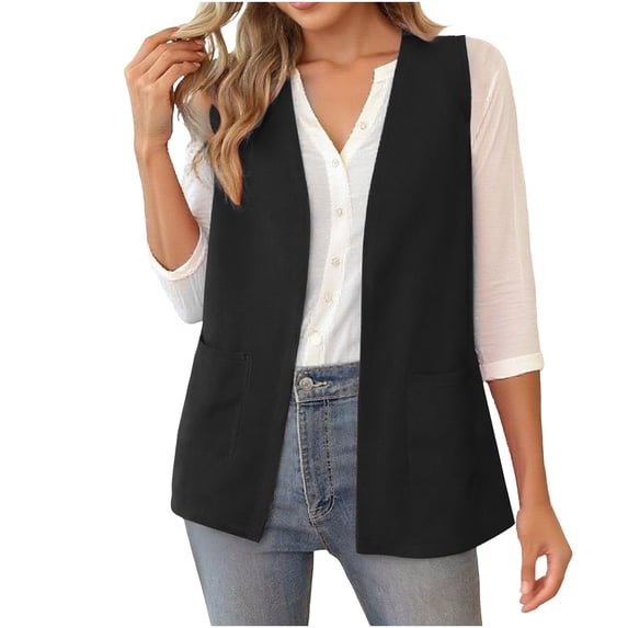 IFNWSV Womens Blazer Solid Sleeveless Vest Lapel Button Open Front Business Casual Jacket Office Workwear