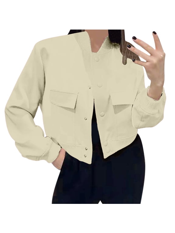 Womens Bomber Jacket Hoodless Long Sleeve Solid Single Breasted Zip Up Pockets Casual Fall Winter Coat Jacket