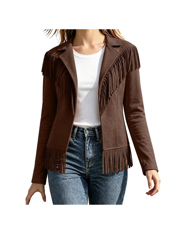 Womens Bomber Jacket Pointed Collar Button Open Long Sleeve Solid Fringe Trim Frayed Hem Jacket