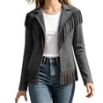 thumbnail image 1 of IFNWSV Womens Bomber Jacket Pointed Collar Button Open Long Sleeve Solid Fringe Trim Frayed Hem Jacket, 1 of 5