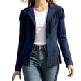 thumbnail image 1 of IFNWSV Womens Bomber Jacket Pointed Collar Button Open Long Sleeve Solid Fringe Trim Frayed Hem Jacket, 1 of 5