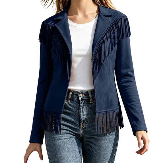 IFNWSV Womens Bomber Jacket Pointed Collar Button Open Long Sleeve Solid Fringe Trim Frayed Hem Jacket