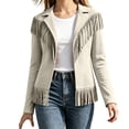 thumbnail image 1 of IFNWSV Womens Bomber Jacket Pointed Collar Button Open Long Sleeve Solid Fringe Trim Frayed Hem Jacket, 1 of 5