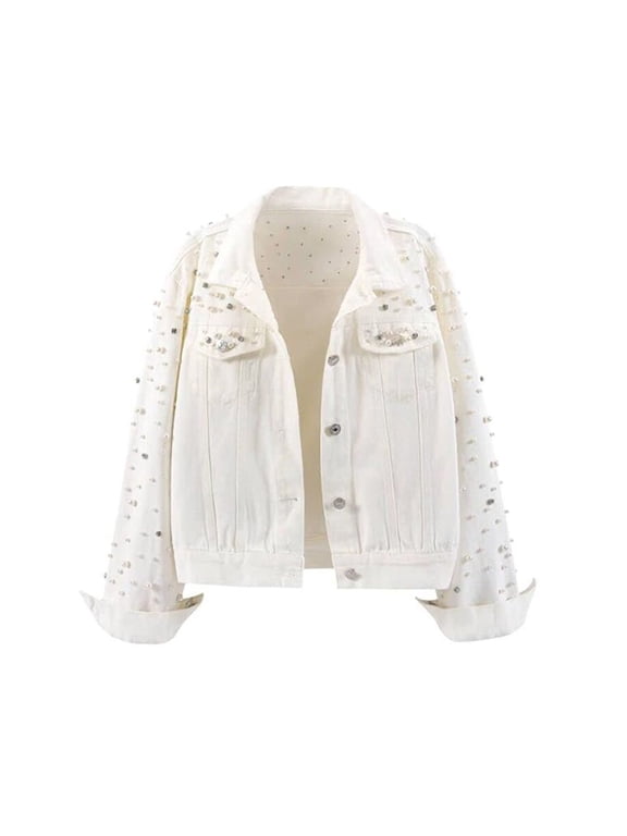 Womens Bomber Jacket Spread Collar Snap Button Short Length Long Sleeve Pearl Embellished Denim Coat