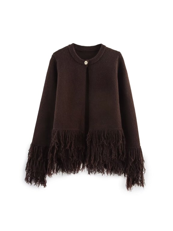 Womens Cardigan Sweaters Crew Neck Long Sleeve Solid Fringe Hem Open Front Casual Fall Winter Knit Cardigan Top S-L