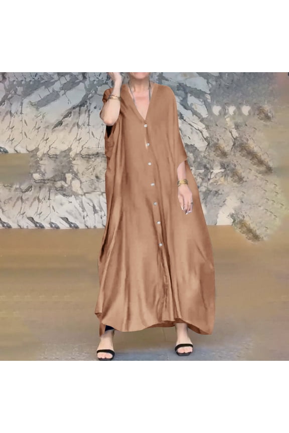 Womens Casual Dresses V Neck Satin Button Front Short Sleeve Loose Fit Midi Summer Dress Khaki 2XL