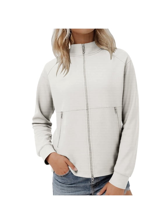Womens Casual Jacket Solid Long Sleeve Zip Up Hoodless Everyday Lightweight Outerwear Coat