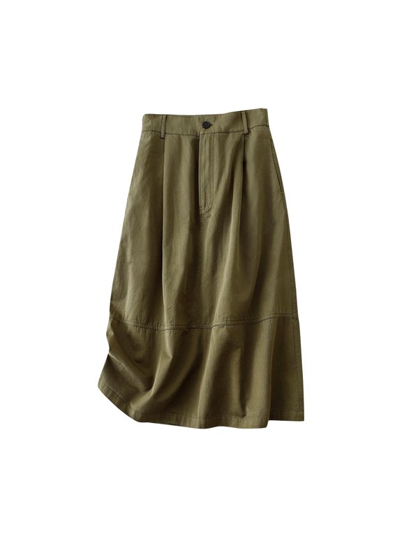 Womens Casual Skirts Solid Color Half Back Elastic Waist A-Line Nylon Spandex Workwear Midi Skirt Army Green 2XL