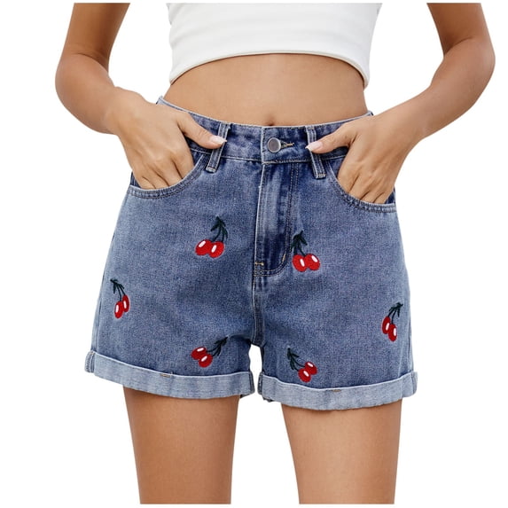 IFNWSV Womens Embroidered Denim Shorts with Adjustable Button Waist and Pockets High Rise Casual Summer Stretch Shorts Blue 2XL
