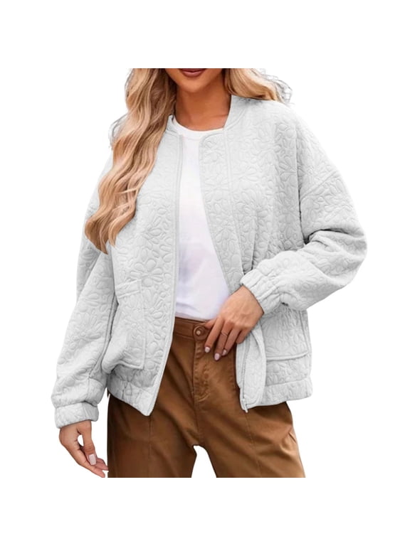 Womens Jacket Zip Up Long Sleeve Hoodless Jacket with Pocket Simple Solid Casual Jacket