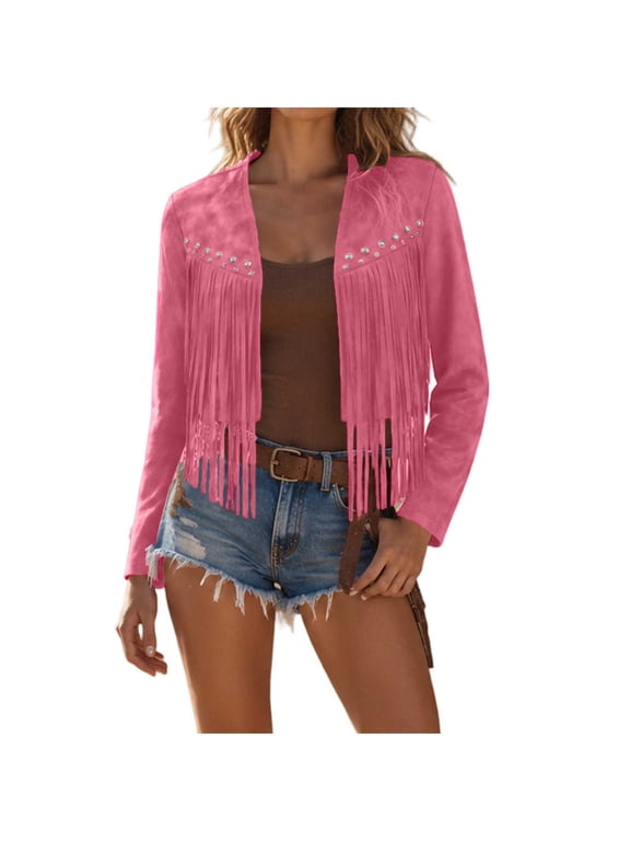 Womens Jackets Dressy Casual Solid Color V Neck Open Front Short Jacket with Studs and Fringe Western Style Coat