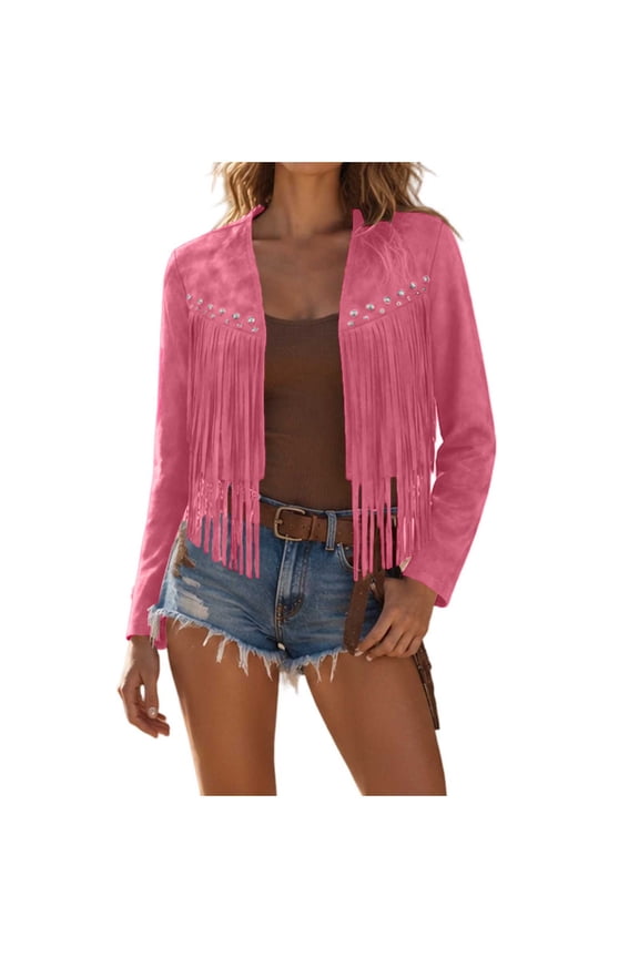 Womens Jackets Dressy Casual Solid Color V Neck Open Front Short Jacket with Studs and Fringe Western Style Coat