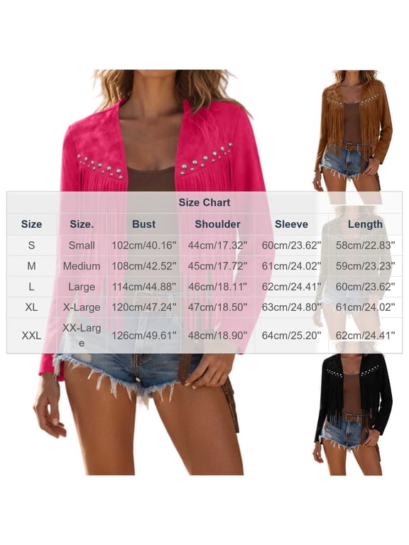 Womens Jackets Dressy Casual Solid Color V Neck Open Front Short Jacket with Studs and Fringe Western Style Coat