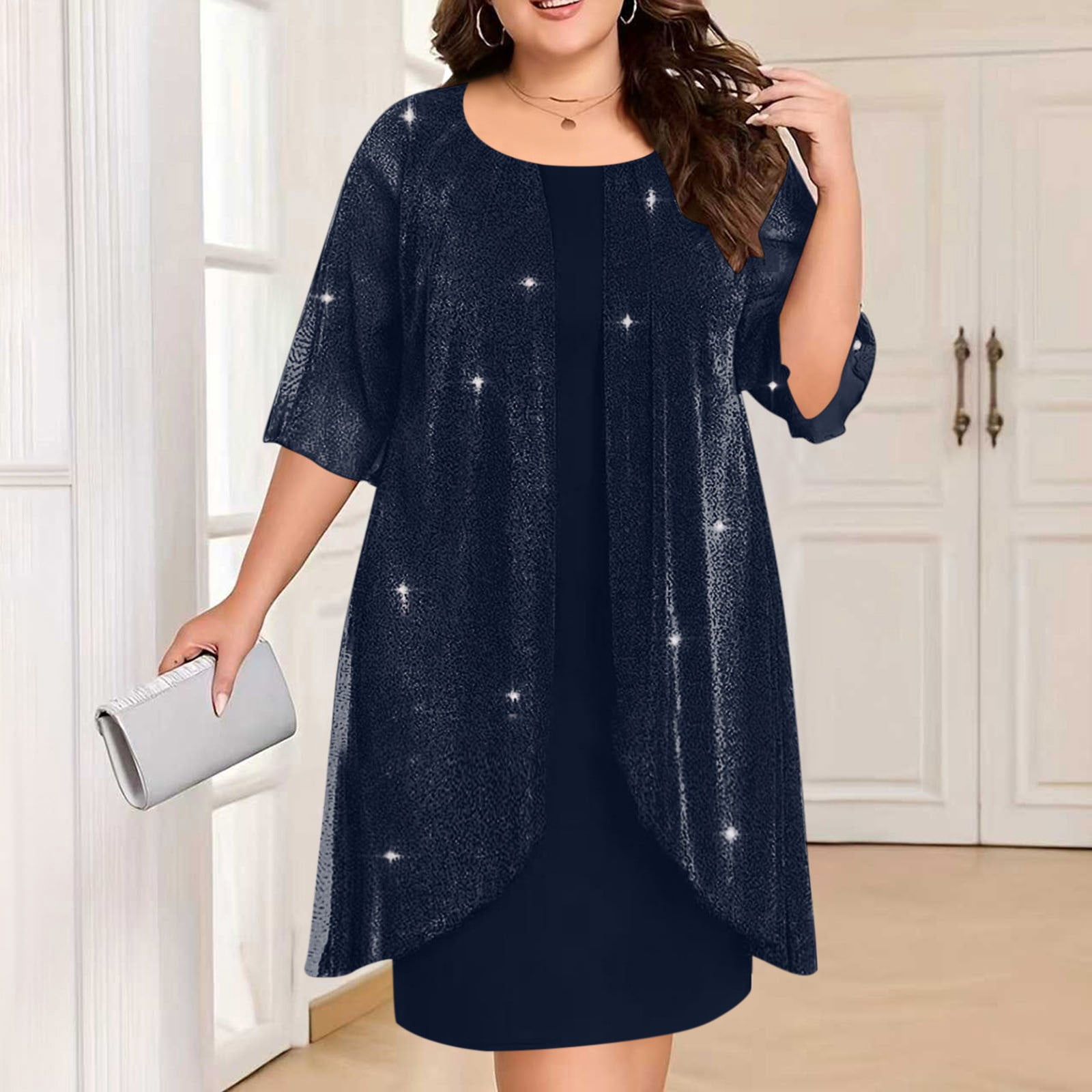 plus size navy blue sequin dress IFNWSV Womens Midi Dresses Round Neck 3/4 Sleeve Solid Color Elegant Party 2XL Shine at any special