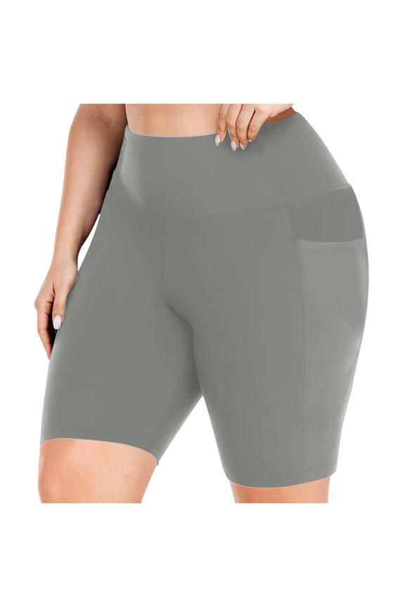 Womens Plus Size Quick Dry Compression Yoga Shorts with Pockets High Waist Tummy Control Workout Shorts Dark Gray 2XL