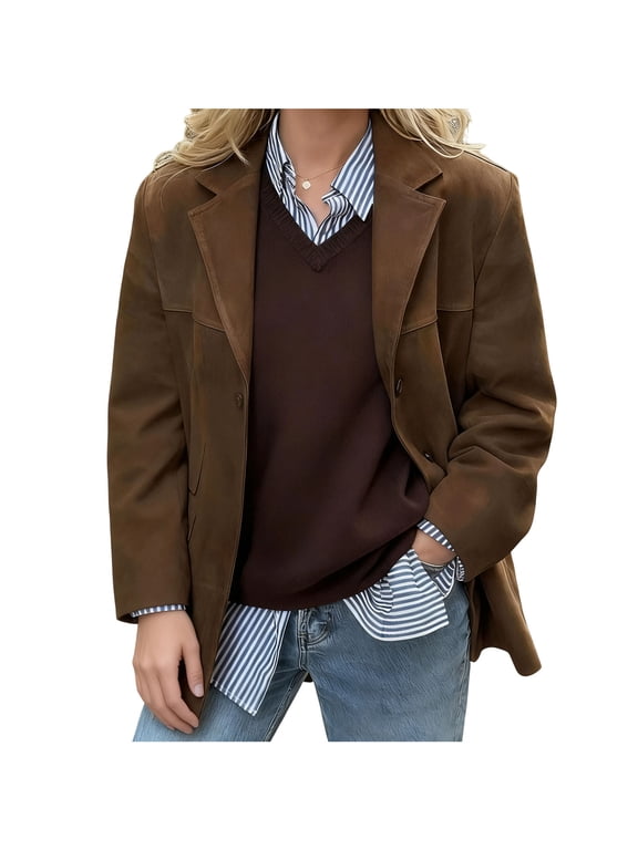 Womens Suede Jacket Solid Lapel Long Sleeve Full Zip Faux Suede Casual Lightweight Outerwear Coat with Pockets