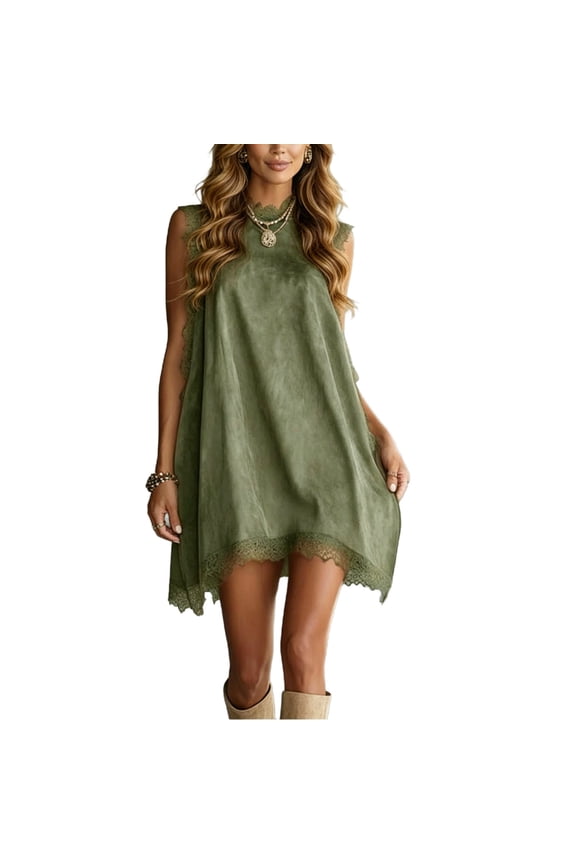 Womens Summer Dresses High Neck Sleeveless Lace Loose Casual Polyester Elastane Mini Dress Army Green M