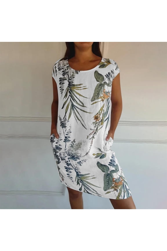 Womens Summer Dresses Round Neck Short Sleeve Random Pattern Flowy A Line Shift Dress for Beach Vacation White M