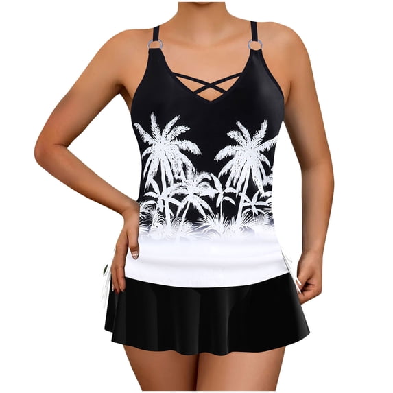 IFNWSV Womens Tankini Swimsuits Plus Size Floral Print Drawstring Adjustable Spaghetti Strap 2 Piece Bathing Suit Set Black L