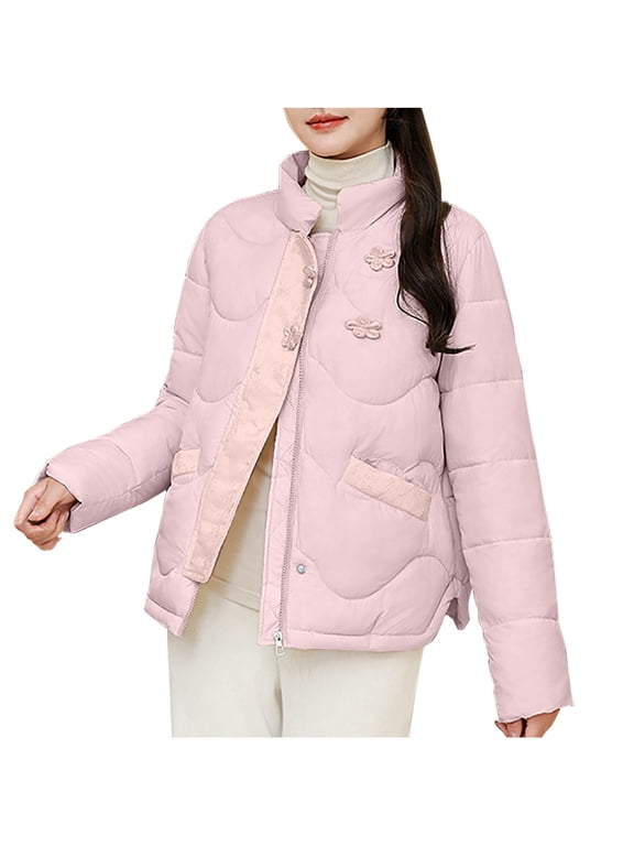 Womens Winter Coats Vintage Button Long Sleeve Pockets Solid Traditional Chinese Style Quilted Padded Jacket
