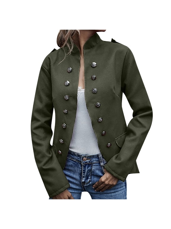 Womens Winter Jacket Lapel Collar Long Sleeve Button Down Pockets Solid Color Fleece Blend Blazer Casual Coat