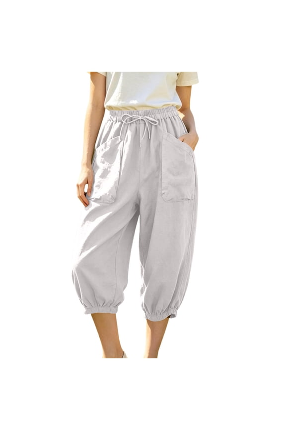 Work Pants Women High Waist Cropped Length Cargo with Pockets Relaxed Fit Casual Utility Trousers White M