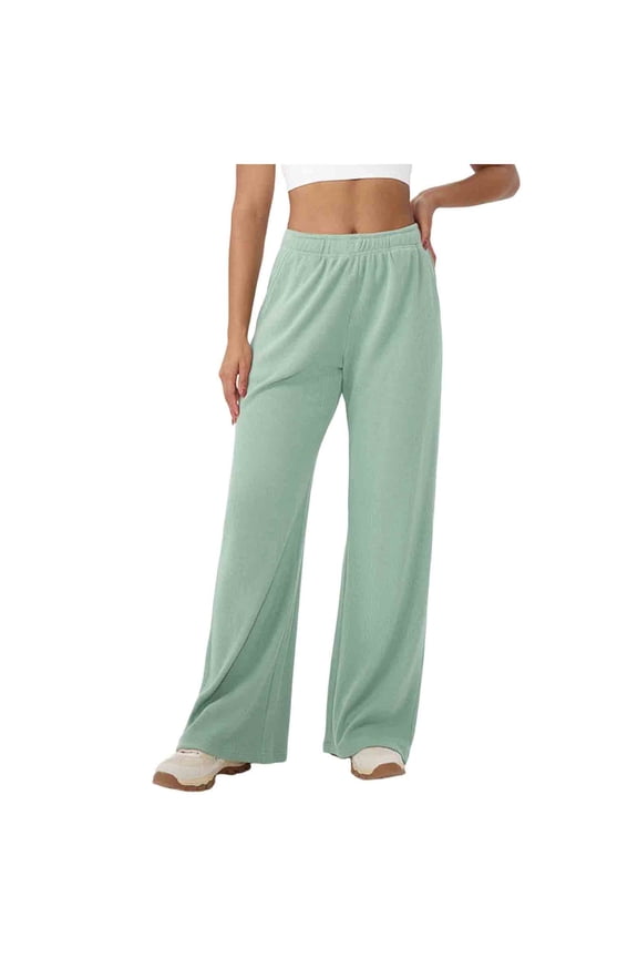 Yoga Pants Women Solid Waffle Knit Wide Leg Sweatpants with Pockets High Waist Loose Fit Athletic Training Lounge Joggers Green S