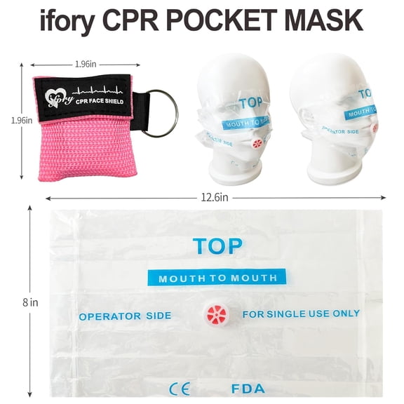 IFORY CPR Face Shield with Keychain (100 Pack), CPR Pocket Mask for Emergency Kit, CPR Keychain Face Shield with One Way Valve Breathing Barrier for First Aid or CPR Training, Pink