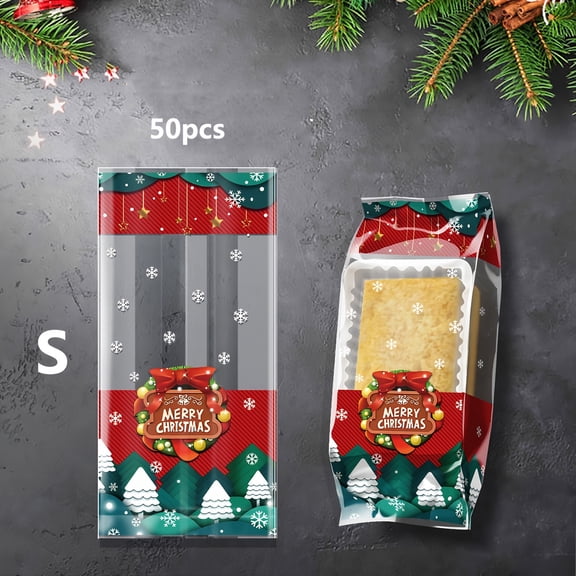 IFREE 50-Pack New Christmas Decorative Bags for Snacks, Candies, Cookies, Transparent Self-Standing Seal Bags, Holiday Gift Packaging Bags