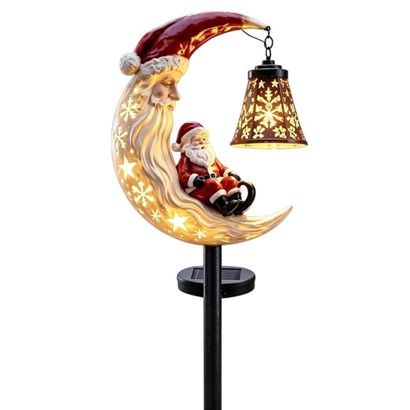 IFRINID Christmas Santa Moon Solar Garden Stake Light, Single Lantern Resin Yard Decoration for Pathway, Lawn and Holiday Outdoor Decor