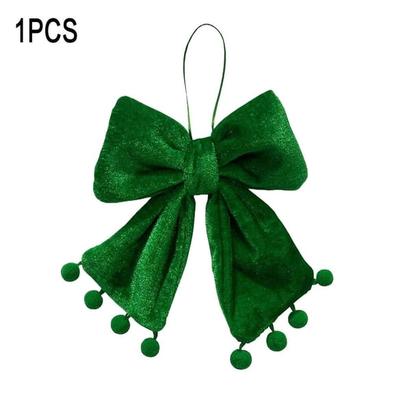 IFRINID Green Christmas Bow Decoration, 13.39 Inch Polyester Holiday Bow with Pom-Pom Accents and Hanging Loop for Tree, Wreath and Door Decor
