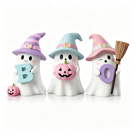 IFRINID Halloween Ghost Figurines, 3-Piece BOO Letter Resin Statue Set, Cute Tabletop Decorations for Desk, Shelf and Tiered Tray Decor