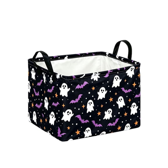 IFRINID Halloween Storage Basket, 24 l Collapsible Cotton-Linen Ghost Print Bin with Handles for Clothes and Home Organization