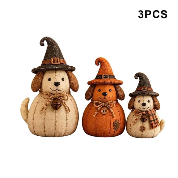 IFRINID Halloween Wooden Dog Decorations, 3-Piece Black Orange and Cream Dog Tabletop Set for Fall Home Decor