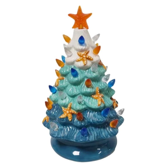 IFRINID Resin Starfish Christmas Tree Decor With Led Lights, Coastal Blue Ombre Tabletop Holiday Tree for Mantel, Nightstand, Office Desk