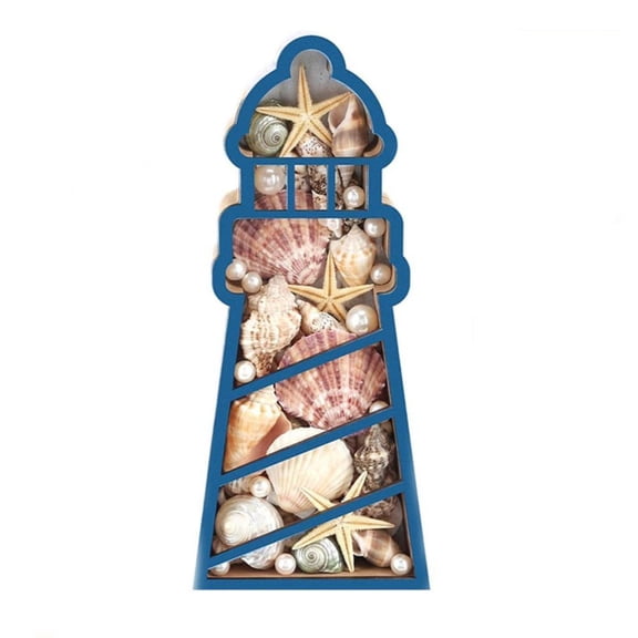 IFRINID Wooden Lighthouse Seashell Display Box With Acrylic Window, Ocean Blue Coastal Storage for Beach Vacation Memories, Tabletop