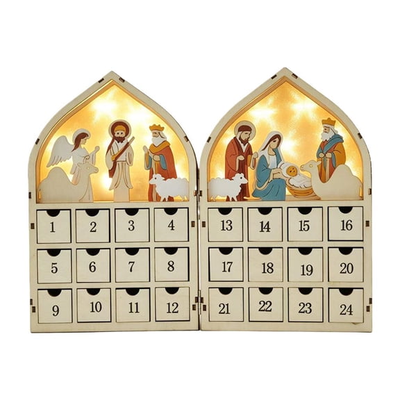 IFRINID Wooden Nativity Advent Calendar, 24-Drawer Christmas Countdown with Warm LED Light for Tabletop Holiday Decor
