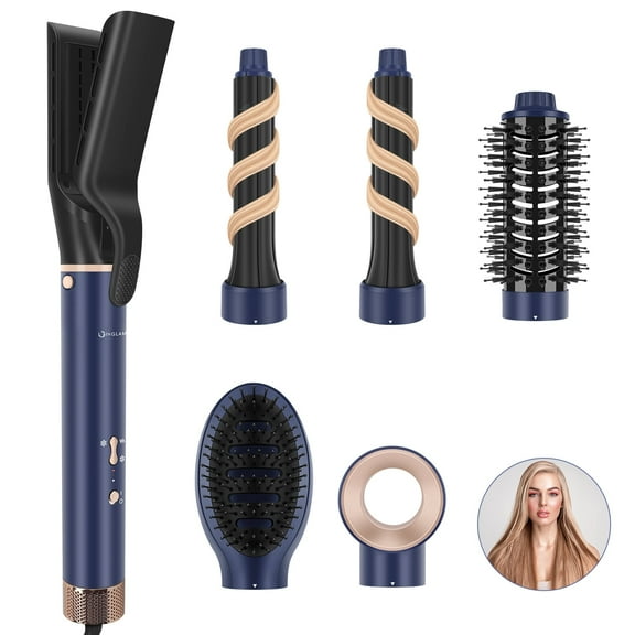 IG INGLAM 6 in 1 Hair Dryer Brush Set with No Heat Damage Air Straightener, 200 Billion Ionic Blow Dryer Brush, High-Speed Hair Dryer Volumizing and Wrap Curlers, Prussian Blue