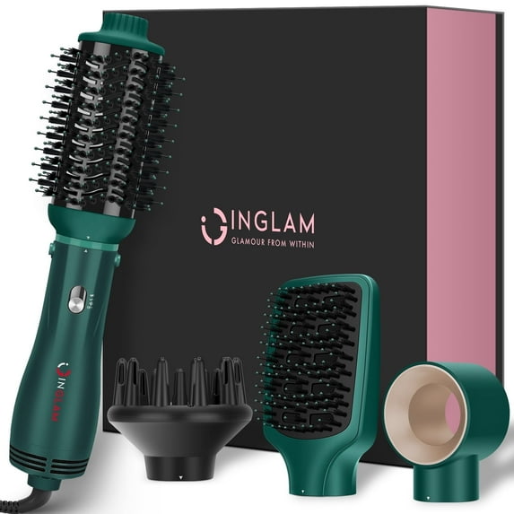 IG INGLAM Hair Dryer Brush, 4-in-1 Detachable Blow Out Brush Dryer with Tool Set for Straightening/ Drying/ Curling/ Styling, Dark Green