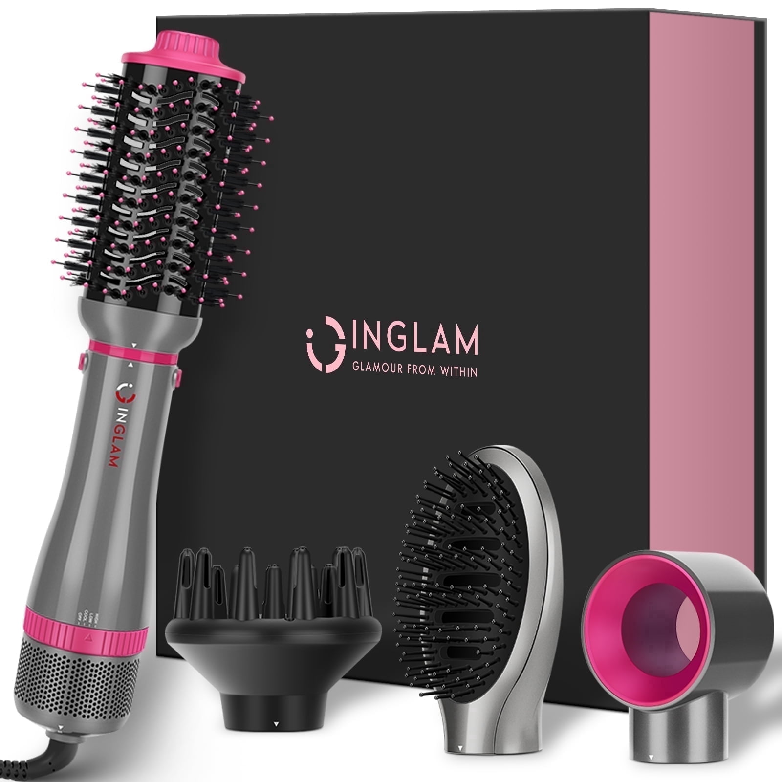 InGlam, 4 in 1 Hair Appliance, Negative Ion Blowout Brush, Gray