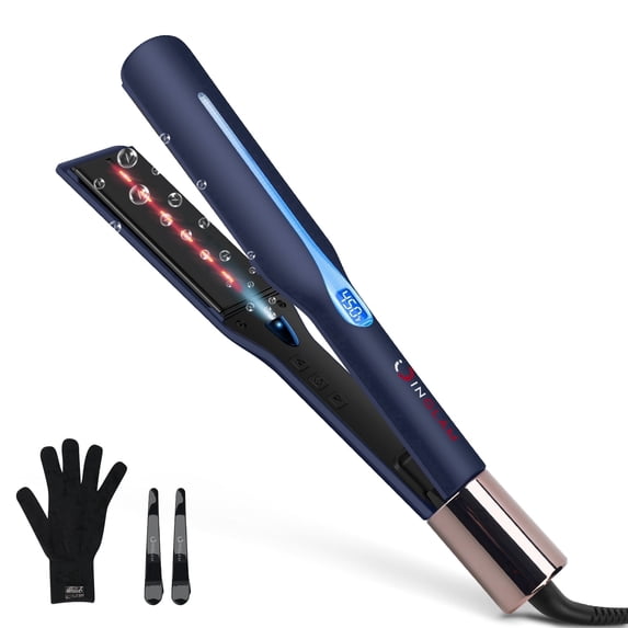 Infrared Titanium Flat Iron, IG INGLAM 1.75-Inch Wide Hair Straightener for Thick Hair, Prussian Blue