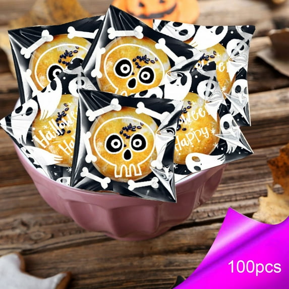 IGEED 100pcs Halloween Treat Bags,Kids Small Halloween Goodie Bags Candy Bags,Halloween Party Favors Supplies Decorations,Spider Web Bat Pumpkin Pouches Table Decor