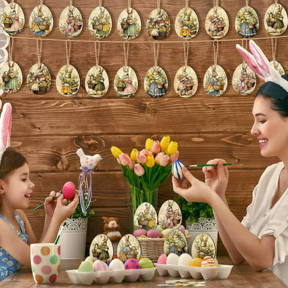 IGEED 12pcs Wooden Easter Egg Craft Kit,Easter Egg Hanging Ornaments Set,Easter Art and Craft,Art Project Easter Decoration,Easter Decorations for Tree Bunny Ornaments