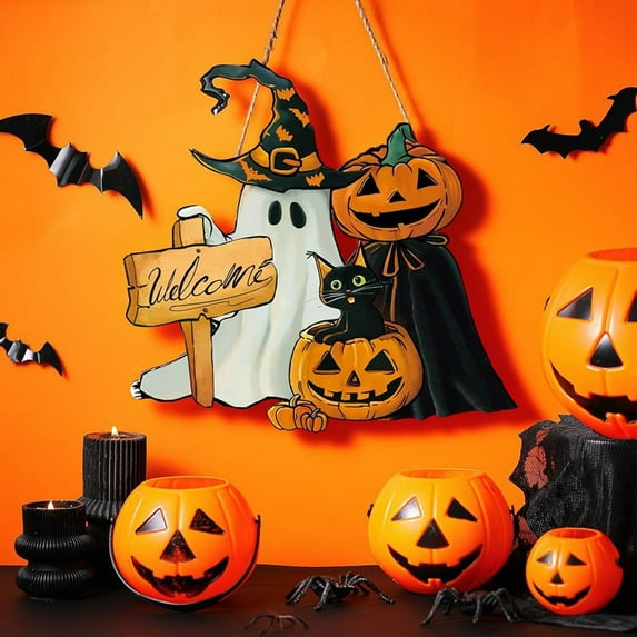 IGEED Halloween Decorations Door Hanging Sign,Pumpkin Ghost Skeleton Wreath Halloween Wooden Welcome Door Sign for Halloween Party Supplies Home Haunted House Decor