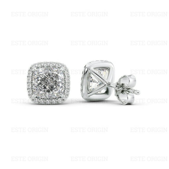 IGI Certified 0.50 Ct Cushion Cut Lab-Grown Diamond Halo Stud Earrings – 14K White Gold | Women's Earrings