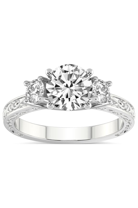 IGI Certified 0.50 Ct Round Shape Lab Grown Diamond Ring | 14K White Gold | Valencia Three Stone Vintage Diamond Engagement Ring | FG-VS1-VS2 Quality Friendly Diamonds ( Ring Size 5 )