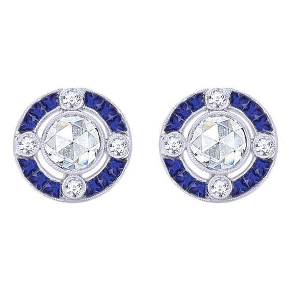 AFFY IGI Certified 0.60 Ct White Natural Diamond & Simulated Blue Sapphire Halo Stud Earrings in 10k White Gold (H-I Color, SI2-I1 Clarity)