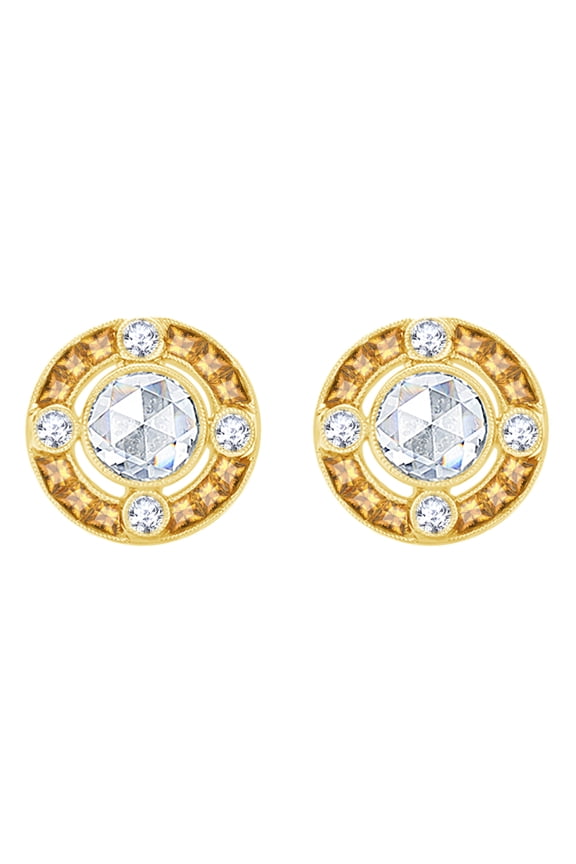 IGI Certified 0.60 Ct White Natural Diamond & Simulated Citrine Halo Stud Earrings in 10k Yellow Gold (H-I Color, SI2-I1 Clarity)