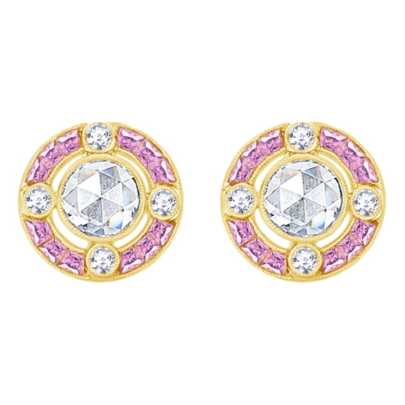 AFFY IGI Certified 0.60 Ct White Natural Diamond & Simulated Tourmaline Halo Stud Earrings in 10k Yellow Gold (H-I Color, SI2-I1 Clarity)