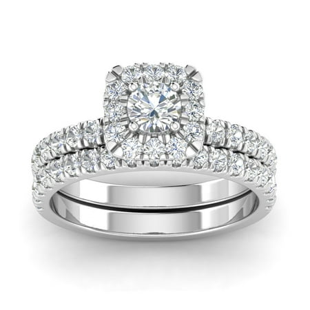 IGI Certified 1.50 Carat TW Diamond Halo Bridal Set Engagement Ring in 10k White Gold (G/I2)